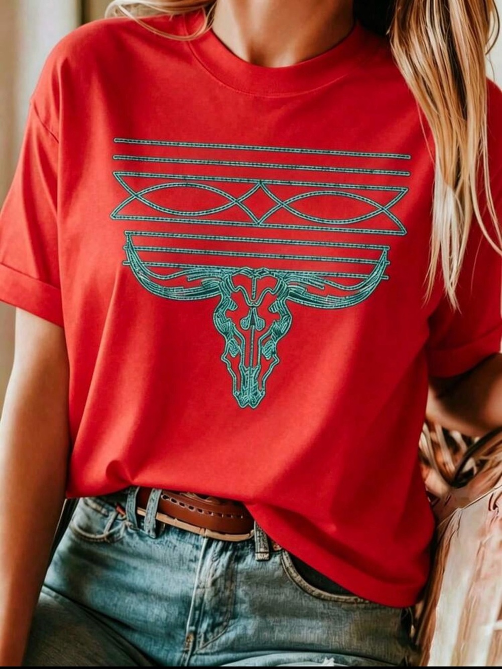 Western Bull Skull Graphic Crew Neck T-Shirt